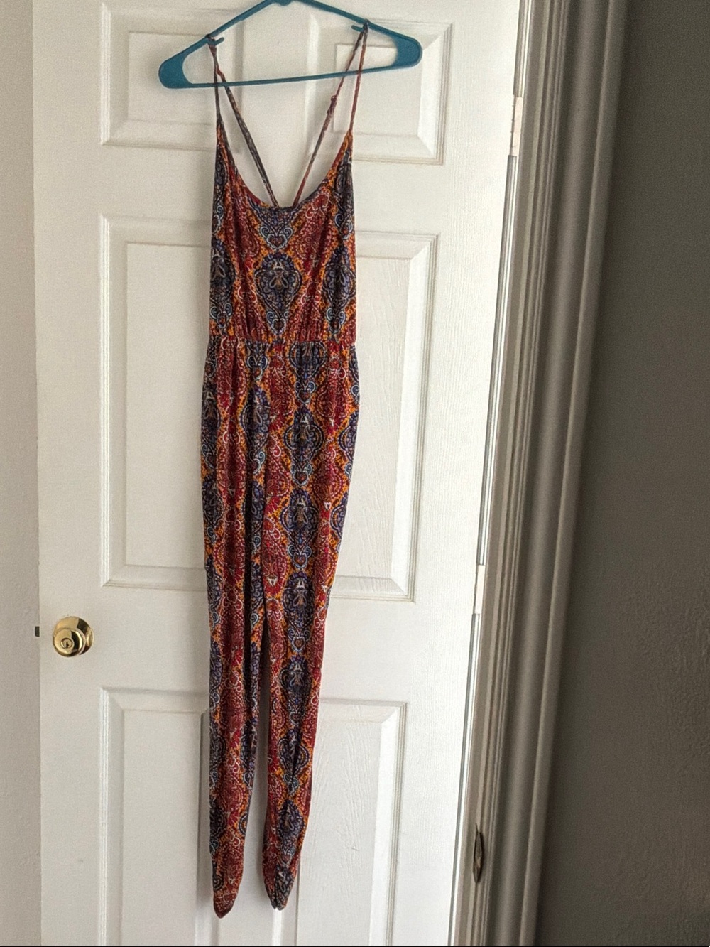 Sans Souci Strappy Paisley-Print Jumpsuit in Red, Blue & Orange